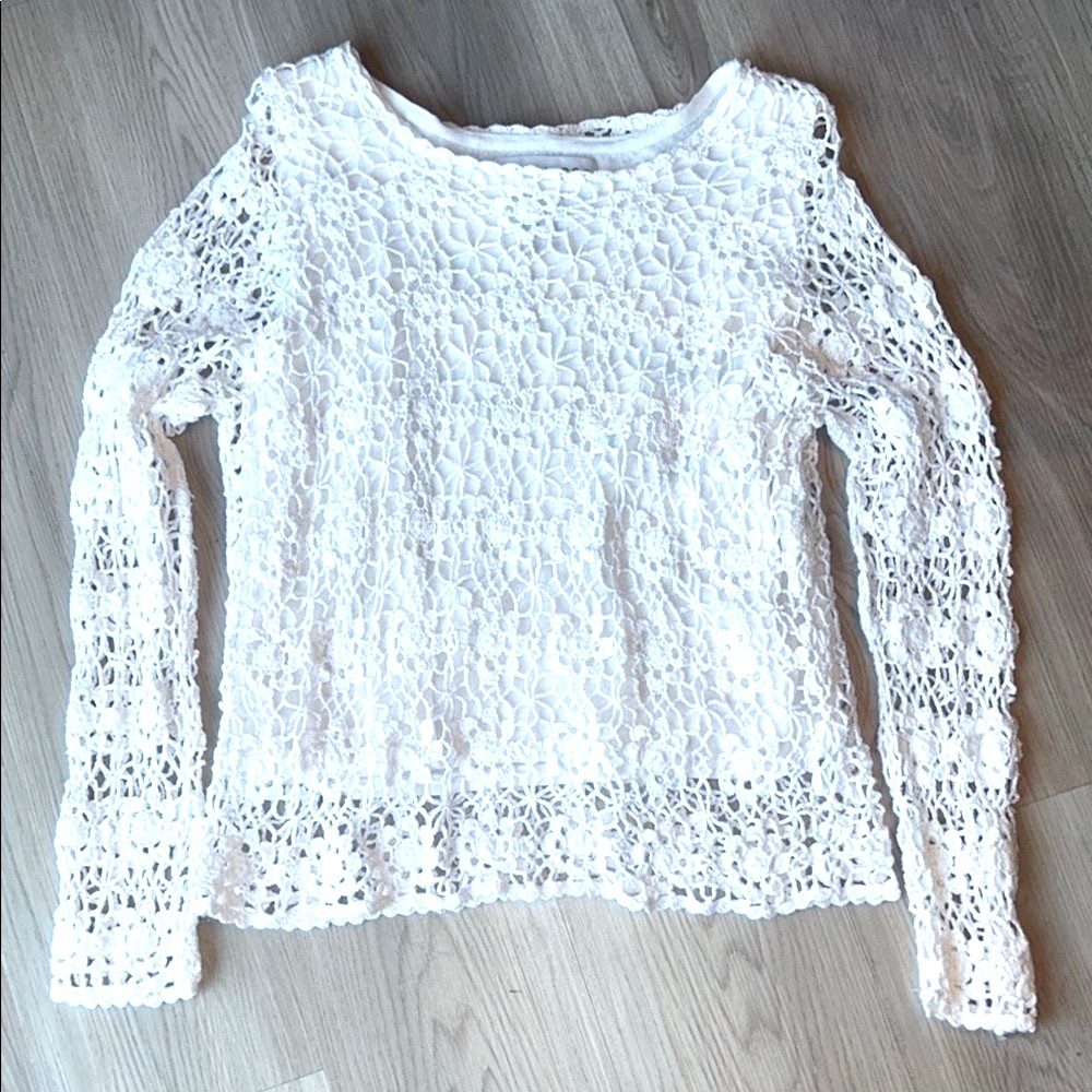 Sag Harbor Crocheted Lace LS Top PXL White Women's Floral Lined Feminine